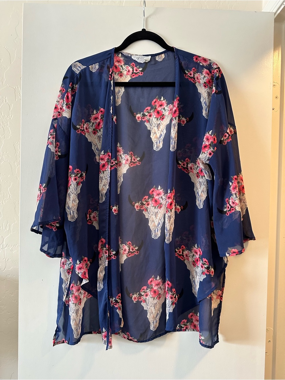 Peach Love California Navy Sheer Floral Kimono with Pink Roses